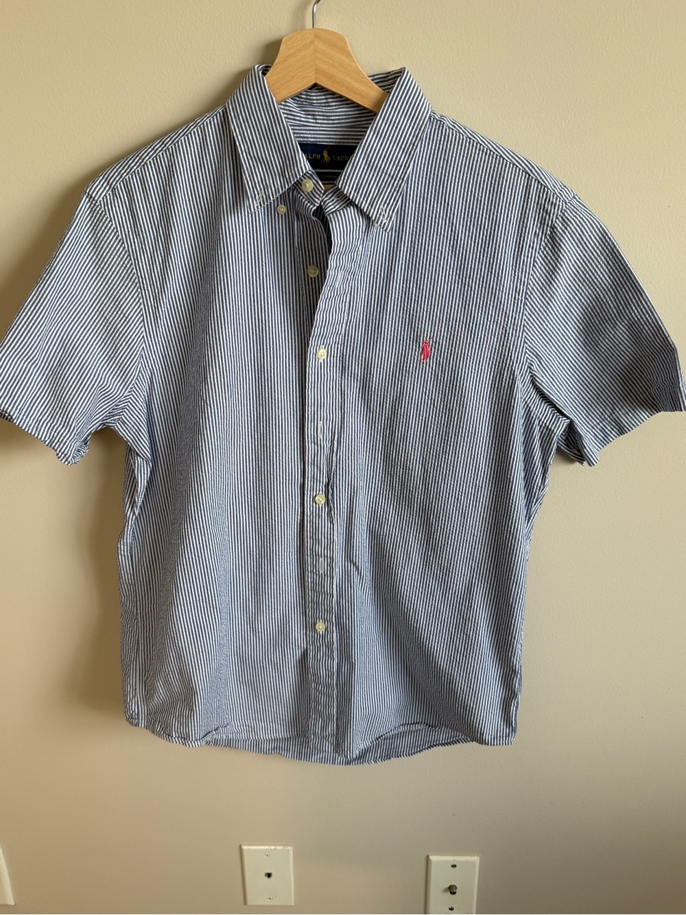 Ralph Lauren Short-Sleeve Button-Down Shirt in Navy Stripe with Pink Logo